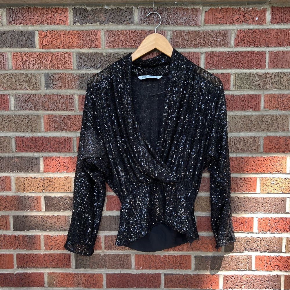 Zara Black Sequin Surplice Deep Plunge Long Sleeve Peplum Blouse Top - Picture 1 of 3